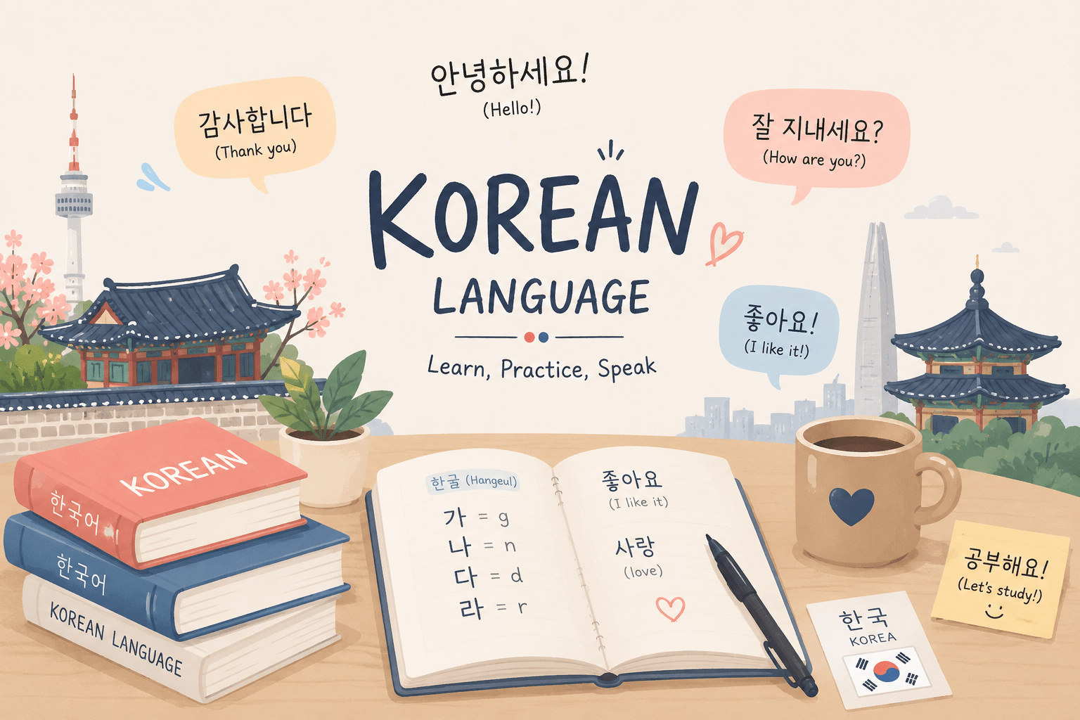 Korean Language for Beginners illustration and learning concept