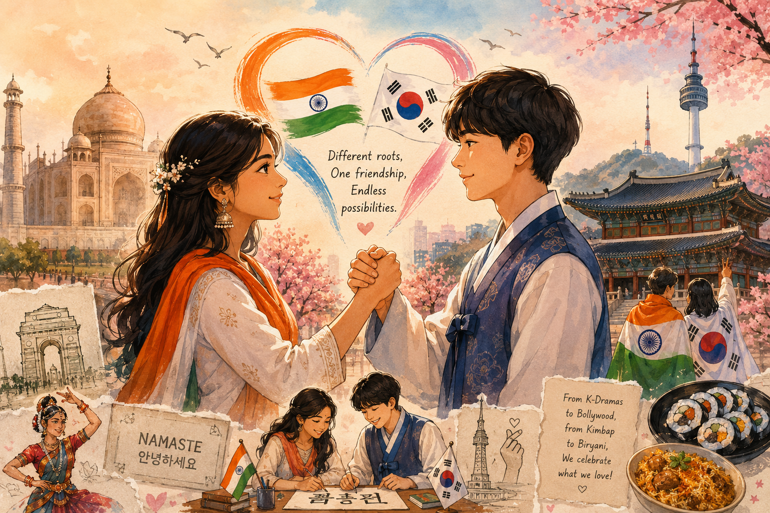 India and South Korea Relations friendship illustration showing cultural connection