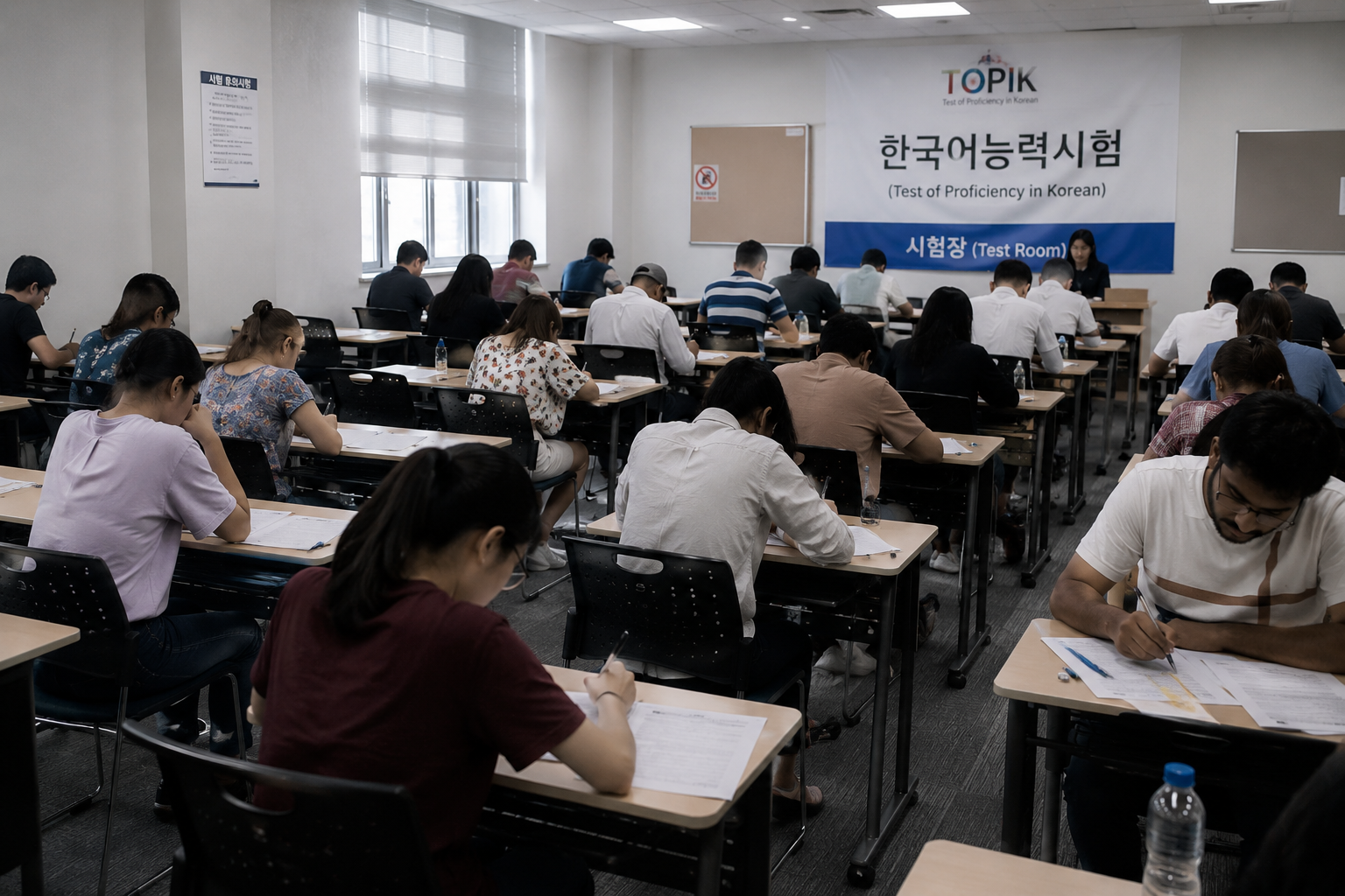 TOPIK exam hall with students appearing for Korean language test
